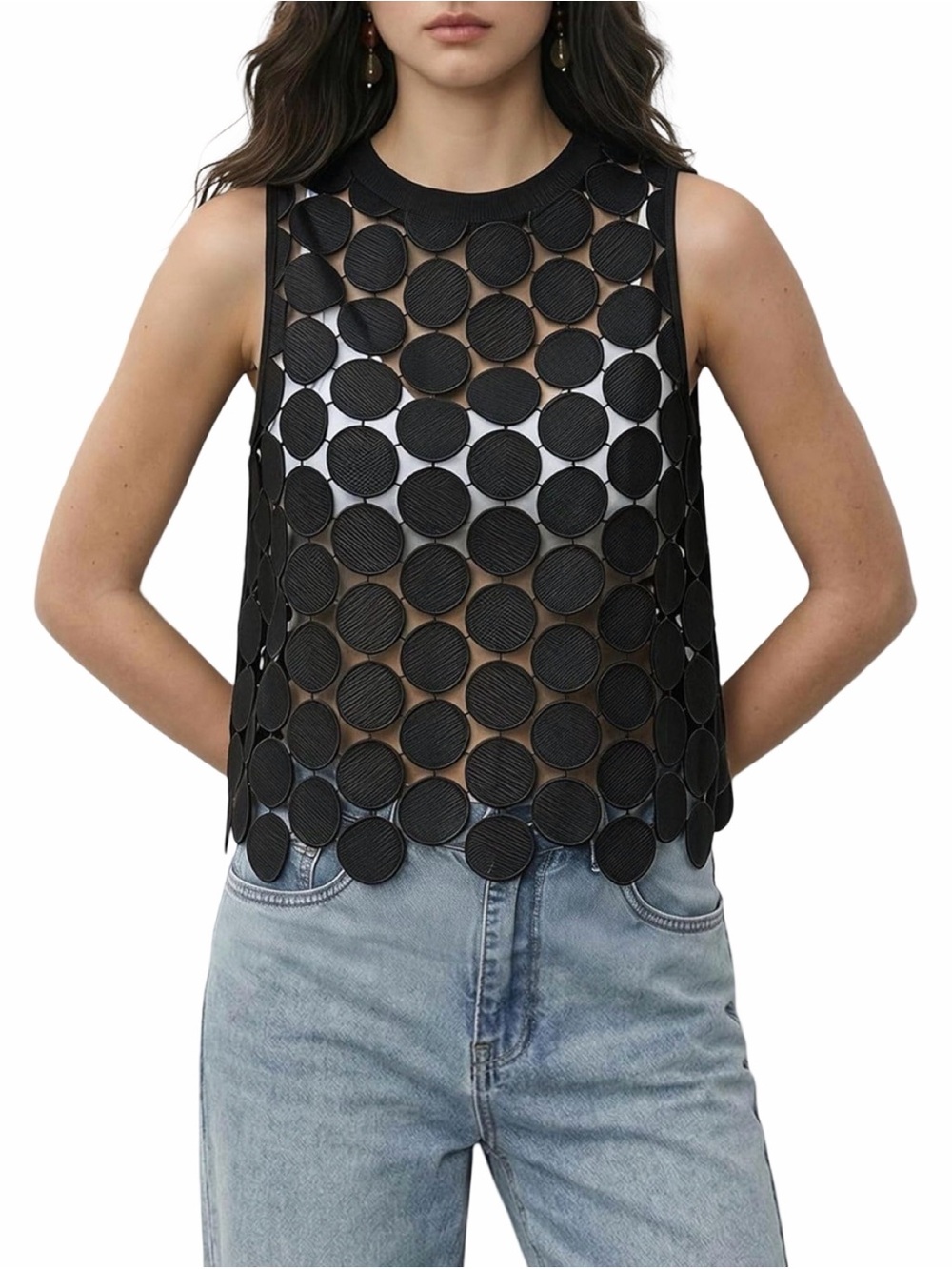 Women’s Black Circle Appliqué Sleeveless Overlay Top